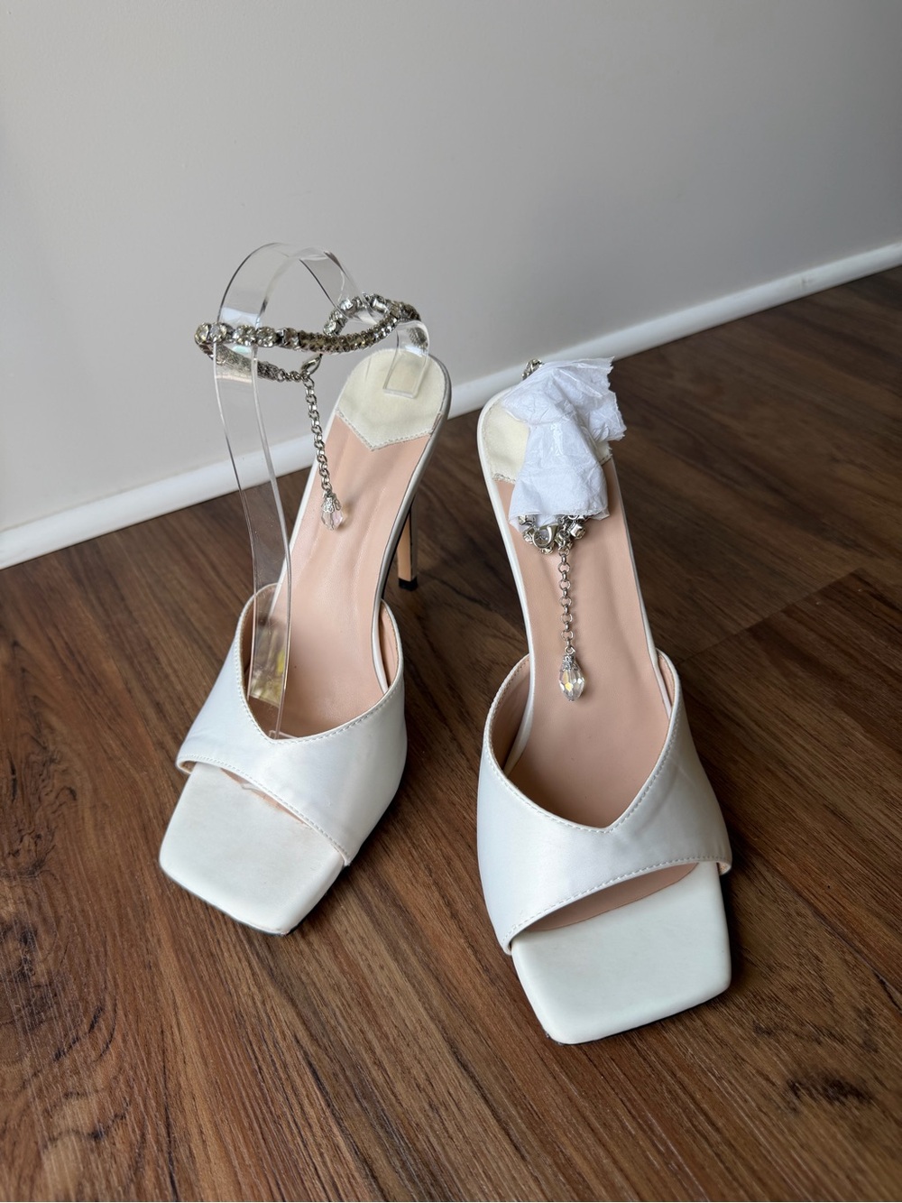 Ivory Open-Toe Stiletto Heels Rhinestone Ankle Strap Wedding Shoes Sz 41/ 9.5 - Picture 3 of 7